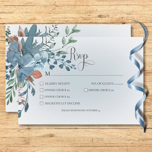 Boho Rust & Blue Floral Hochzeit Weißes Abendessen RSVP Karte