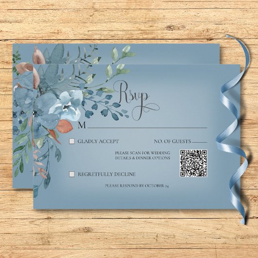 Boho Rust & Blue Floral Wedding Blue QR Code RSVP Karte