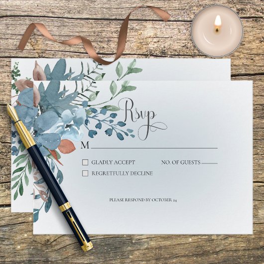Boho Rust & Blue Floral Wedding Response Card RSVP Karte