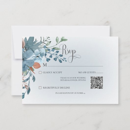 Boho Rust & Blue Floral Wedding White QR Code RSVP Karte (Vorderseite)