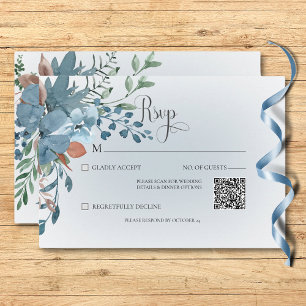 Boho Rust & Blue Floral Wedding White QR Code RSVP Karte