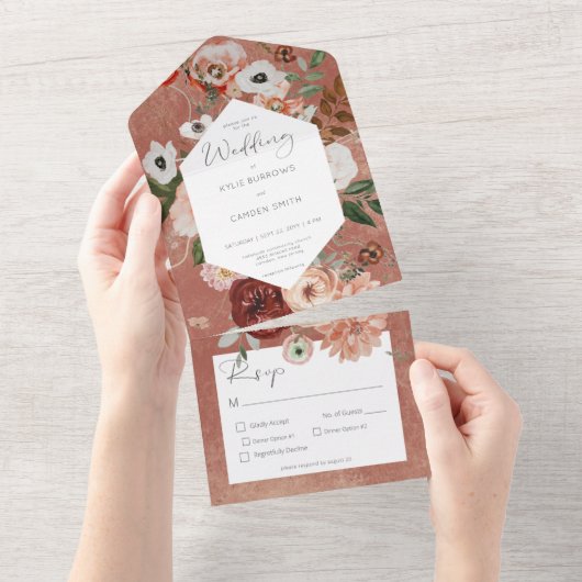 Boho Rust Burgundy Fall Floral Dinner All In One Einladung (Abreißen)