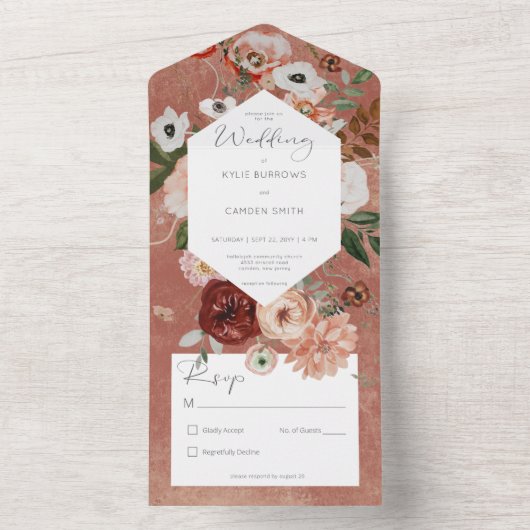 Boho Rust Burgundy Fall Floral No Dinner All In One Einladung (Innen Boden)