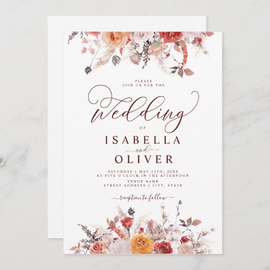 Boho Rust Burnt Orange Terracotta Marsala Wedding Einladung (Vorne/Hinten)