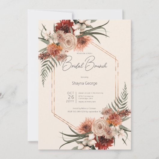 Boho Rust & Cream Fall Floral Bridal Brunch Einladung (Vorderseite)