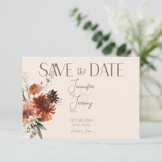 Boho Rust & Cream Fall Floral Save The Date (Stehend Vorderseite)