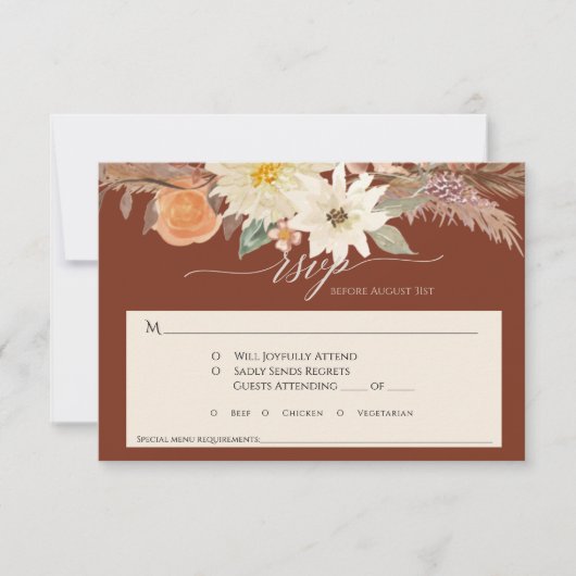 BOHO Rust Earthy Fall Floral Pampas Grass Wedding RSVP Karte (Vorderseite)