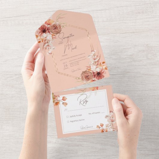 Boho Rust Fall Floral Peach No Dinner All In One Einladung (Abreißen)