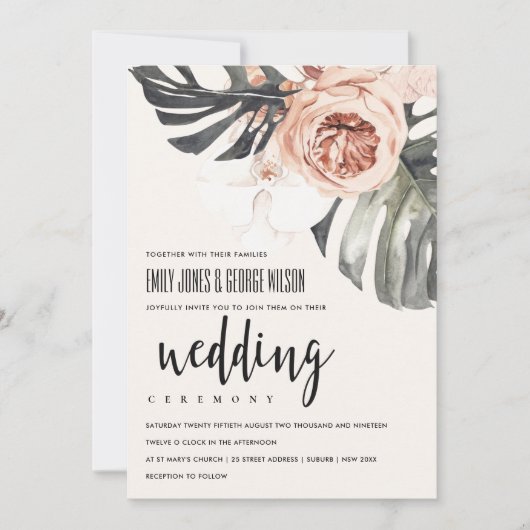 BOHO RUST FLORAL MONSTRERA LEAF WEDING INVITE DANKESKARTE (Vorderseite)