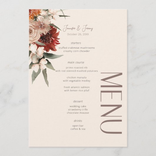 Boho Rust & Neutral Cream Fall Floral Wedding Menükarte (Vorderseite)
