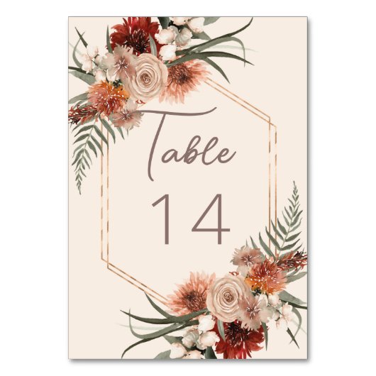 Boho Rust & Neutral Cream Fall Floral Wedding Tischnummer (Rückseite)