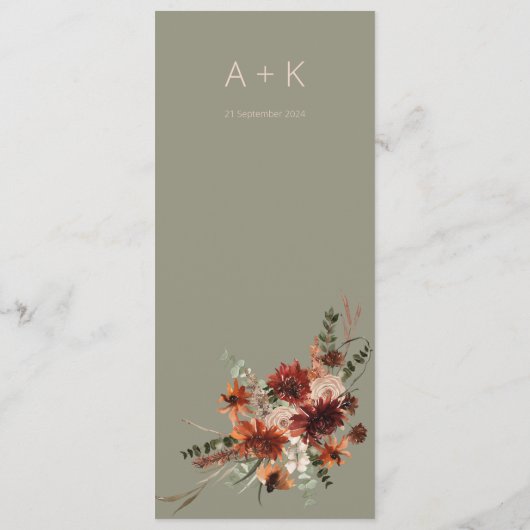 Boho Rust & Neutral Fall Blumenzange Grüne Printwe Menükarte (Rückseite)