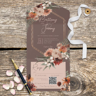 Boho Rust & Neutral Fall Floral Brown QR Code All In One Einladung