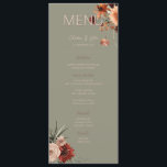 Boho Rust & Neutral Fall Floral Green Wedding II Menükarte<br><div class="desc">Dieses Design ist mit einem Blumenrahmen aus Rost,  Pfirsich,  Weiß und Creme in Aquarell auf einem weichen,  grünen Hintergrund ausgestattet.</div>