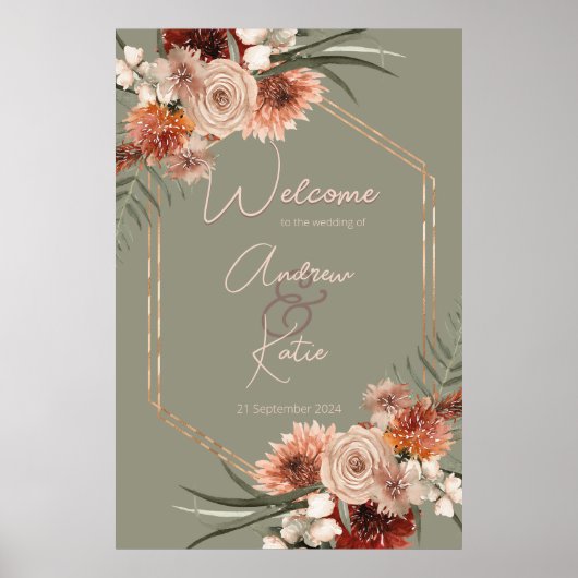 Boho Rust & Neutral Fall Floral Green Wedding II Poster (Vorne)