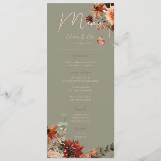 Boho Rust & Neutral Fall Floral Green Wedding IV Menükarte (Vorderseite)