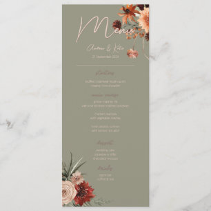 Boho Rust & Neutral Fall Floral Green Wedding Menükarte