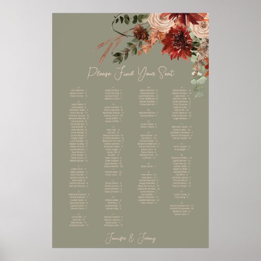 Boho Rust Neutral Fall Floral Green Wedding Seat Poster (Vorne)