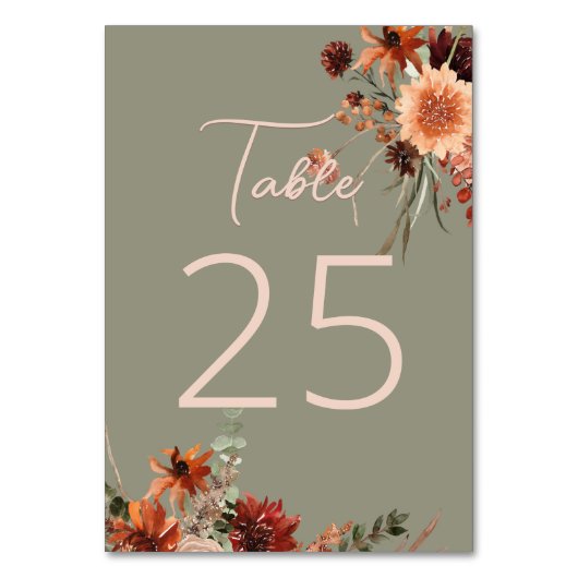 Boho Rust & Neutral Fall Floral Sage Green Tischnummer (Rückseite)