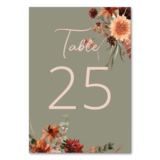 Boho Rust & Neutral Fall Floral Sage Green Tischnummer (Vorderseite)