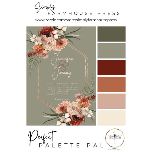 Boho Rust & Neutral Sage Green Fall Floral Einladung