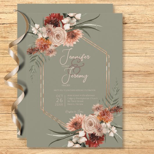 Boho Rust & Neutral Sage Green Fall Floral Einladung