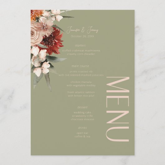 Boho Rust & Neutral Sage Green Fall Floral Wedding Menükarte (Vorderseite)