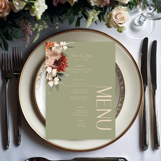 Boho Rust & Neutral Sage Green Fall Floral Wedding Menükarte