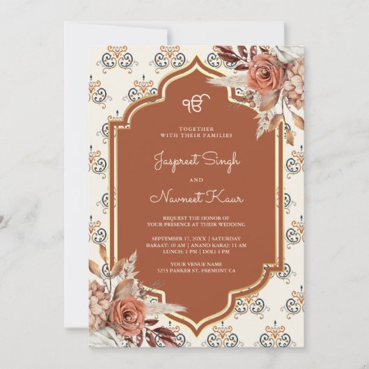 Boho Rust Orange Punjabi Anand Karaj Sikh Wedding Einladung (Vorderseite)