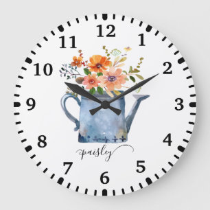 Boho Rust Orange Watercolor Flowers Watering Can Große Wanduhr