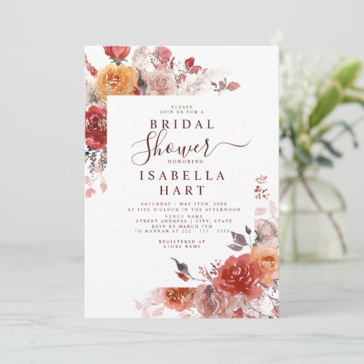 Boho Rust Terracotta Burnt Orange Brautparty Einladung (Stehend Vorderseite)