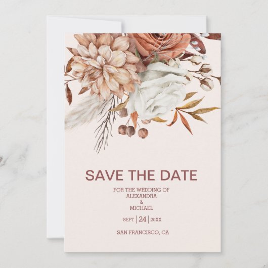 Boho Rust Terracotta Dried Fan Blume Hochzeit Save The Date (Vorderseite)