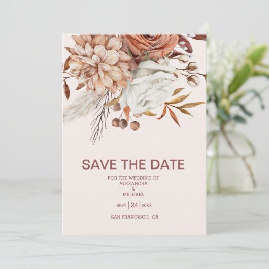 Boho Rust Terracotta Dried Fan Blume Hochzeit Save The Date (Stehend Vorderseite)