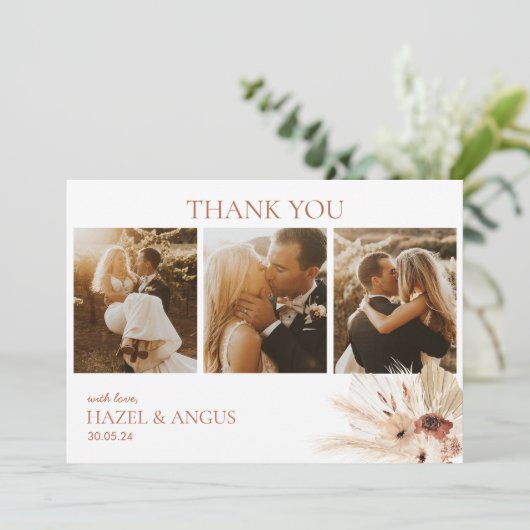 Boho Rust Terracotta Pampas Foto Wedding Flat Dankeskarte (Stehend Vorderseite)