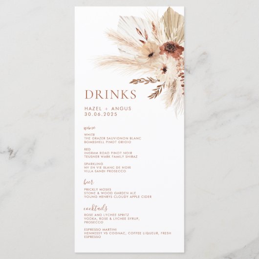 Boho Rust Terracotta Pampas Wedding Menu & Drinks Menükarte (Rückseite)