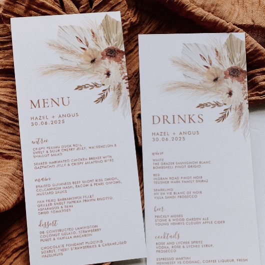 Boho Rust Terracotta Pampas Wedding Menu & Drinks Menükarte