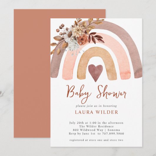 Boho Rust Terracotta Watercolor Rainbow Einladung (Vorne/Hinten)