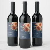 Boho Rust Watercolor Floral Navy Blue Wedding Weinetikett (Flaschen)