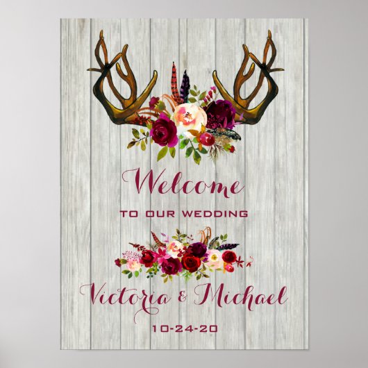 Boho Rustic Antler Blumenzettel Poster (Vorne)