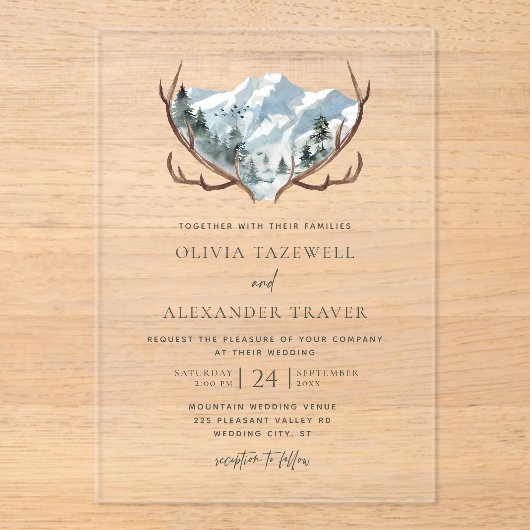 Boho Rustic Antlers Mountain Wedding Acryleinladungen (Vorderseite)