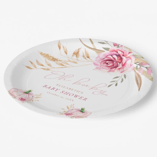 Boho Rustic Autumn Pumpkin Baby Shower Pappteller (Schrägansicht)