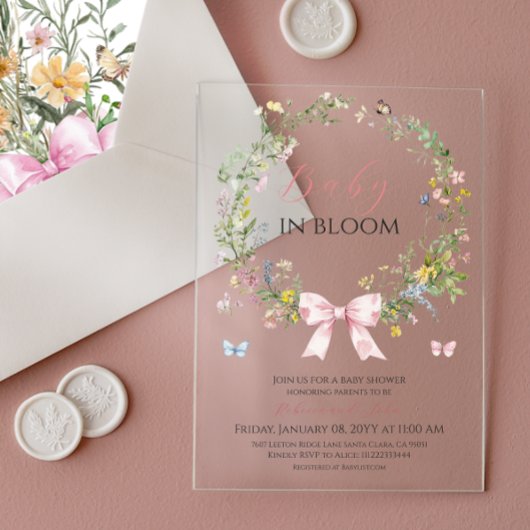 Boho Rustic Baby in Bloom Pink Bow Baby Dusche Acryleinladungen