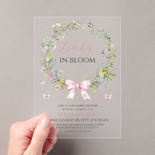 Boho Rustic Baby in Bloom Pink Bow Baby Dusche Acryleinladungen (Insitu (Handheld))