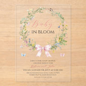 Boho Rustic Baby in Bloom Pink Bow Baby Dusche Acryleinladungen (Vorderseite)