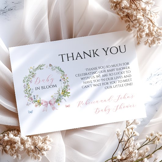 Boho Rustic Baby in Bloom Pink Bow Baby Dusche Dankeskarte