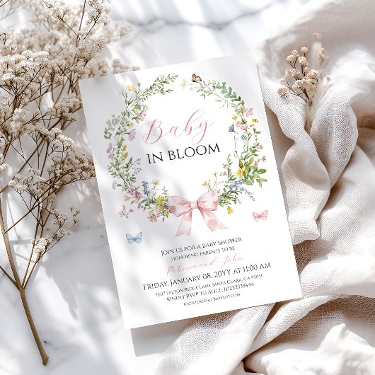 Boho Rustic Baby in Bloom Pink Bow Baby Dusche Einladung