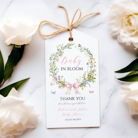 Boho Rustic Baby in Bloom Pink Bow Baby Dusche Geschenkanhänger