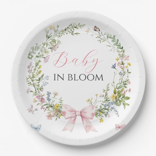Boho Rustic Baby in Bloom Pink Bow Baby Dusche Pappteller (Vorderseite)