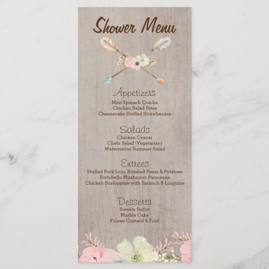 Boho Rustic Baby oder Brautparty, Hochzeitsmenü Menükarte (Vorderseite)