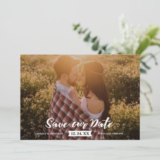 Boho Rustic Brush Script-Foto Save the Date (Stehend Vorderseite)